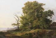 wooded landscape with huntsman and hounds a view of kronborg castle beyond